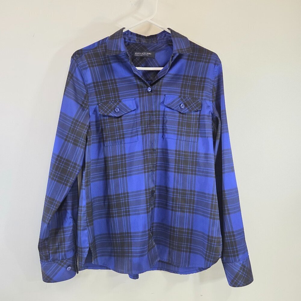 Jones New York Signature Petite Blue Black Plaid Shiny Button Down Shirt Womens